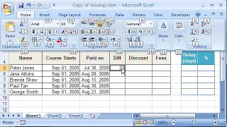 Microsoft Excel Vlookup function to assign discounts based on difference between two dates