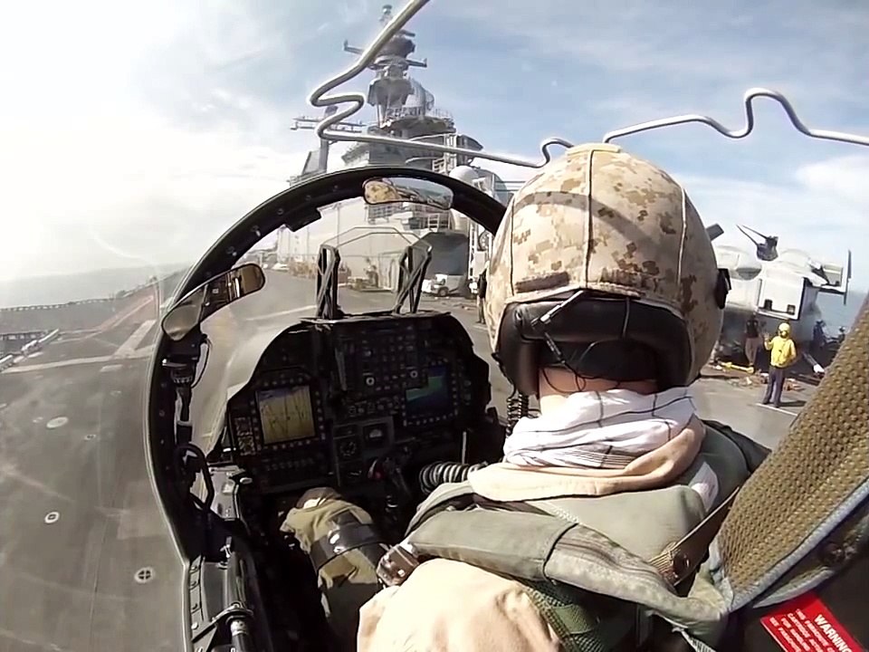 Cool Footage of AV 8B Harrier Cockpit View   Take Off   Vertical Landing on Aircraft Carrier