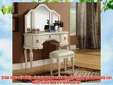 Trini 3 pc off white finish wood make up dressing table vanity set with stool and tri-fold