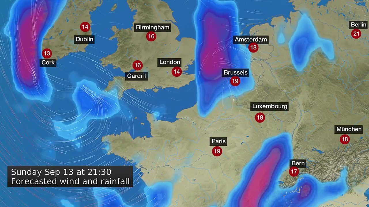 Forecast wind and rainfall for Monday Sept through Tuesday Sept 15, NW Europe