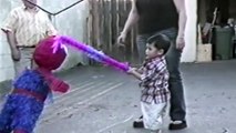 Little Boy Doesn't Want to Hit His Spiderman Pinata