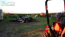 monster truck crashes into crushed car