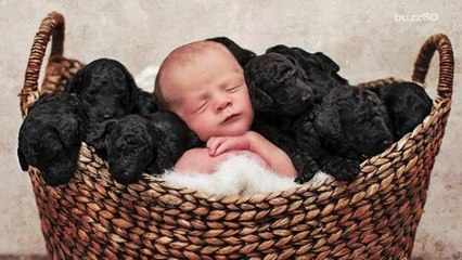 Baby and puppies born on the same day share adorable photoshoot