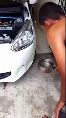 Il se sert de l'eau bouillante pour réparer la bosse sur sa voiture