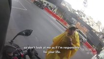Racist lady goes angry at mean looking motorcycle driver