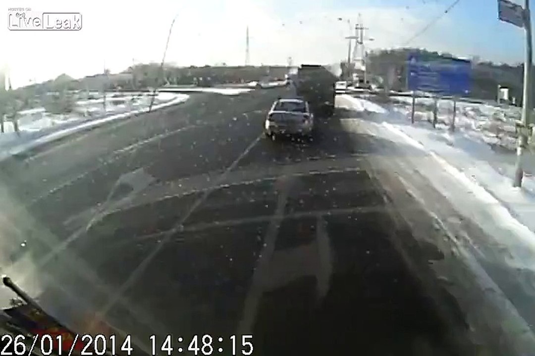 truck crushes stationary vehicles