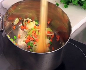 Petit bouillon vert en smoothie et julienne de légumes croquants, tuile au parmesan