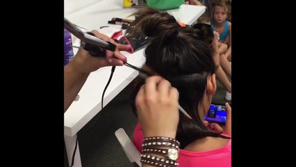 Cheer hair demo for short cuts with curls and tease with Dutch braid