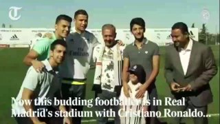 Syrian refugees filmed being tripped up by a Hungarian camerawoman meet Cristiano Ronaldo.