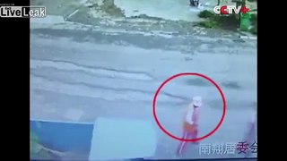 chick in pyjamas gets destroyed by one of those tricycle trucks they drive in China