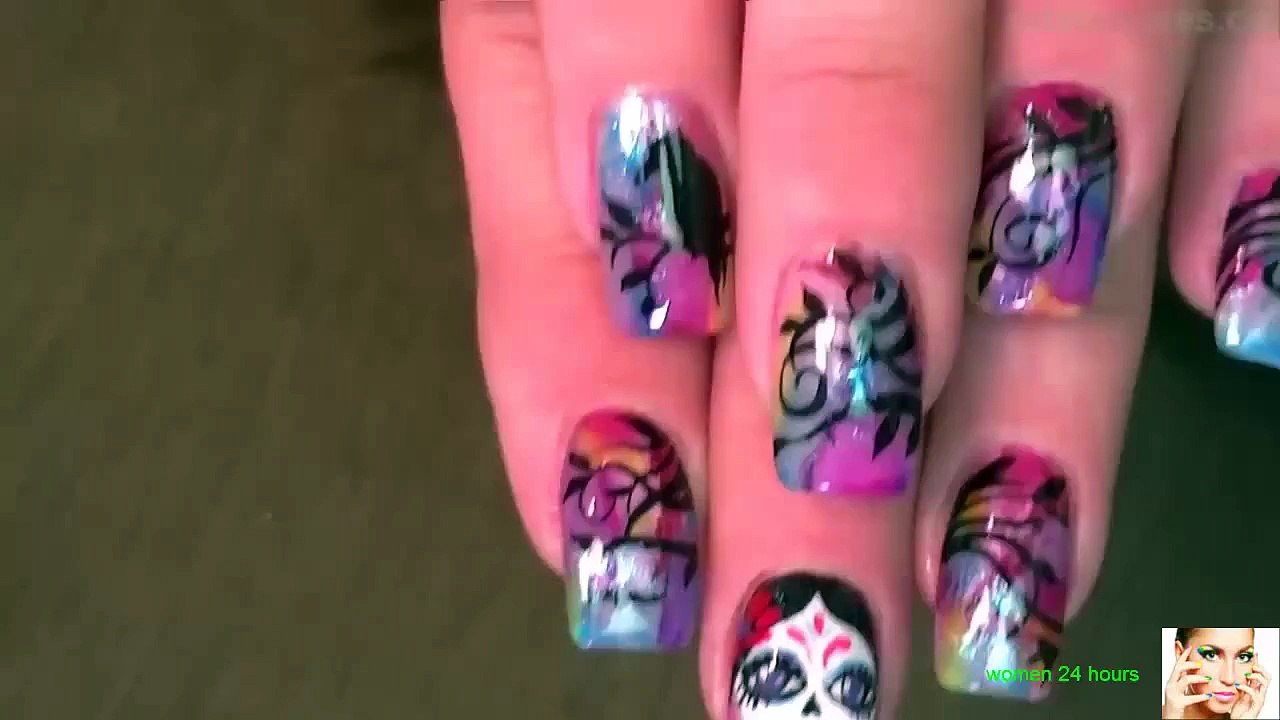 Nail Art/DIY Rainbow Day of the Dead Nails/Sugar Skull Nail Design Tutorial 2015/16