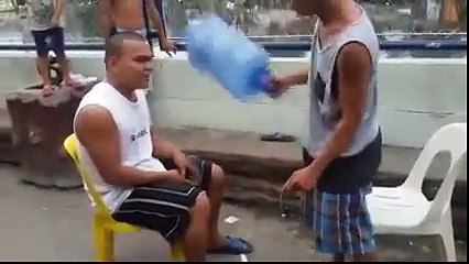 Funny crazy man playing head attack game