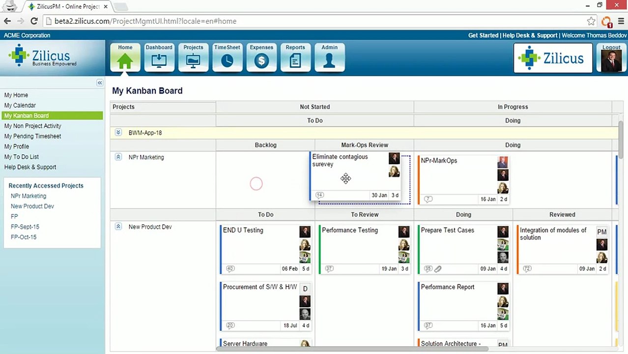 Kanban Board in ZilicusPM Project Management Software