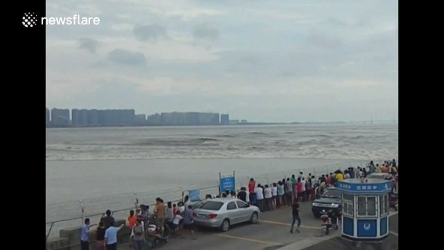 Tidal waves of Qiantang River hit spectators