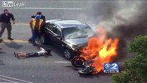 Des passants héroiques sauvent un homme d'une voiture en flammes