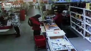 Aggressive drunk attacks cashier with knife, gets taken down by brave customers
