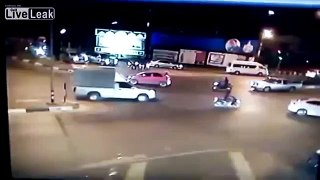 Out of control cement truck smashes car at intersection