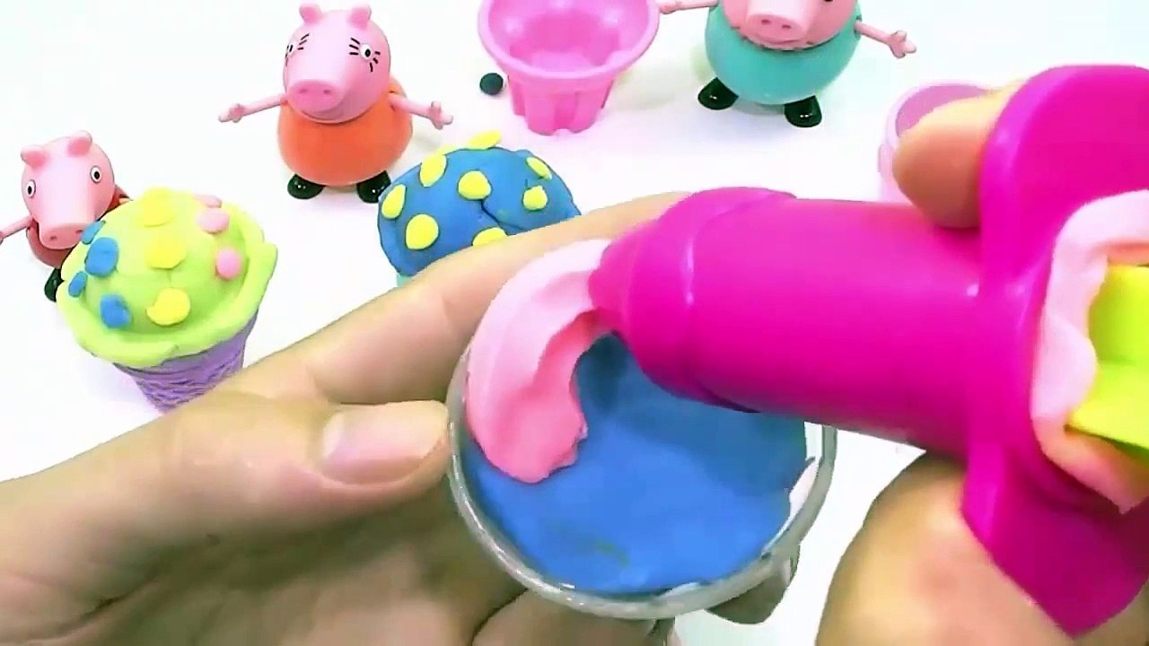 Peppa Pig family watching play doh make ice cream sticks and cups wonderful new