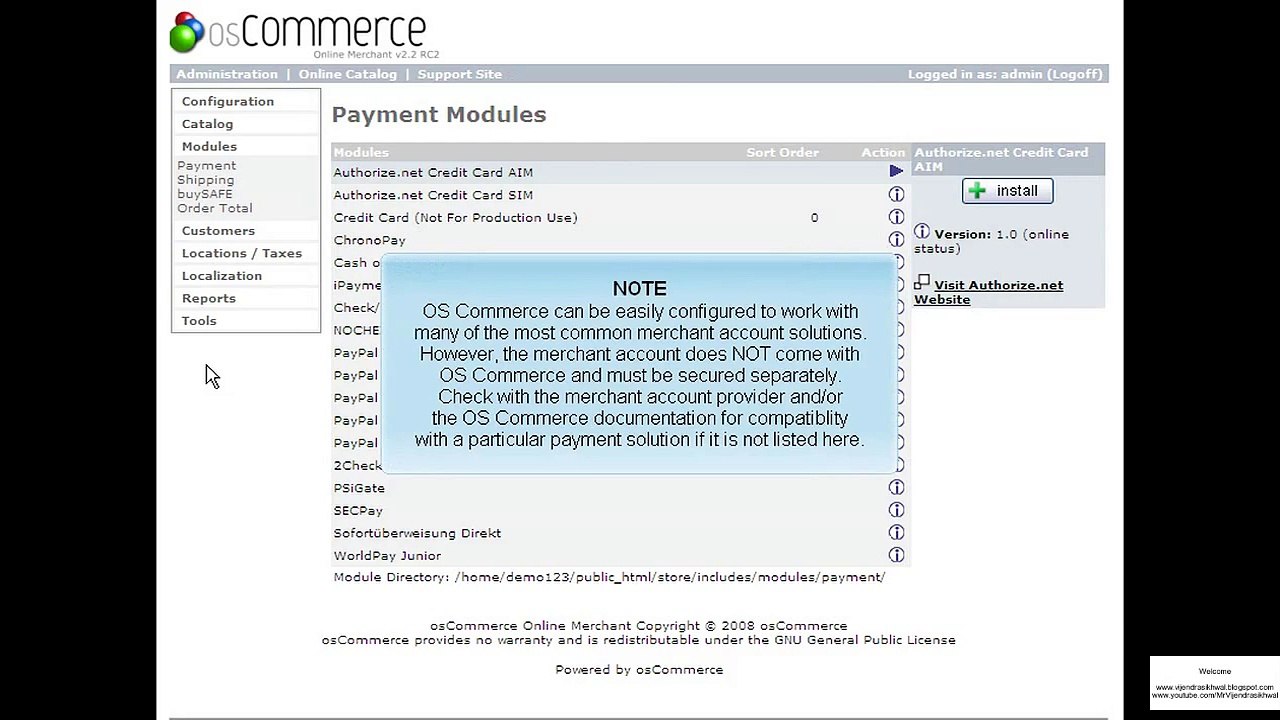Managing payment modules in OS Commerce