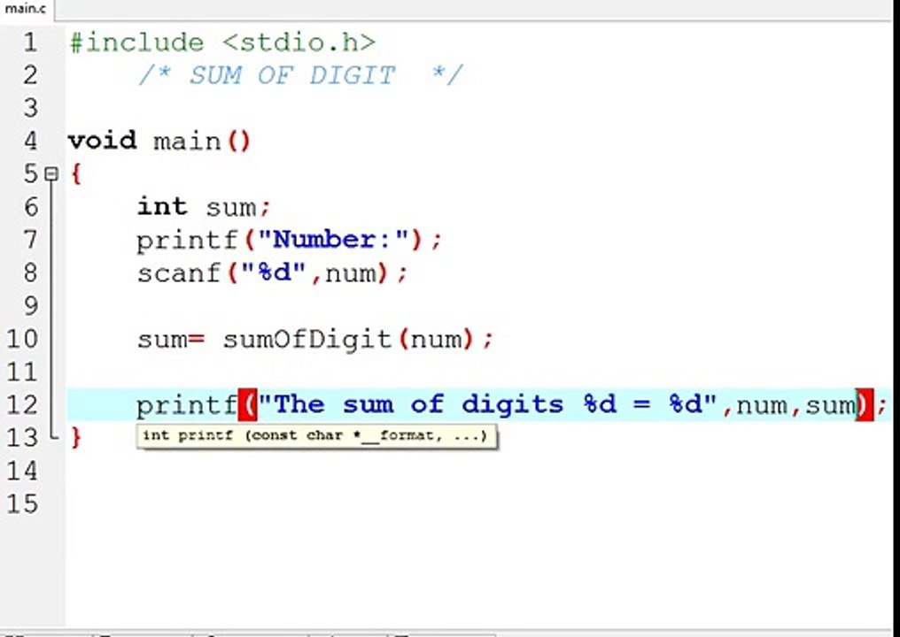 C PROGRAM SUMOFDIGITS (IN HINDI)