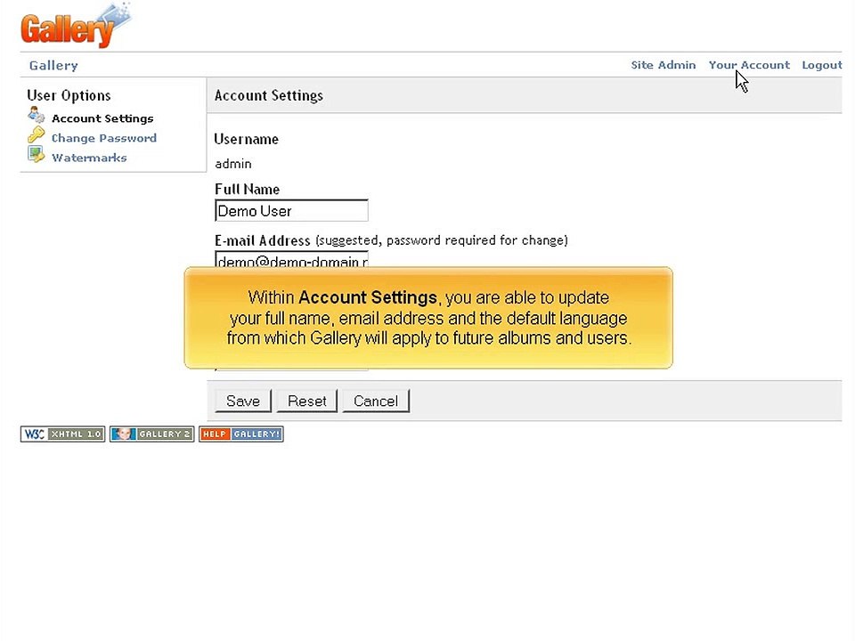 Editing your account information in Gallery
