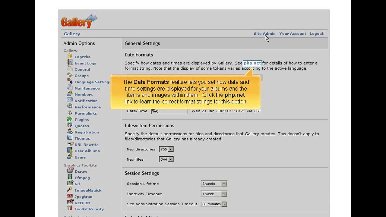 Editing admin settings in Photo Gallery