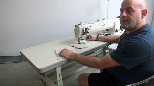 Long arm compound feed walking foot sewing machine for stitching leather, upholstery and canvas