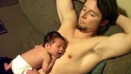 Better than a bed   skin to skin with daddy! So cute babay taking a nap