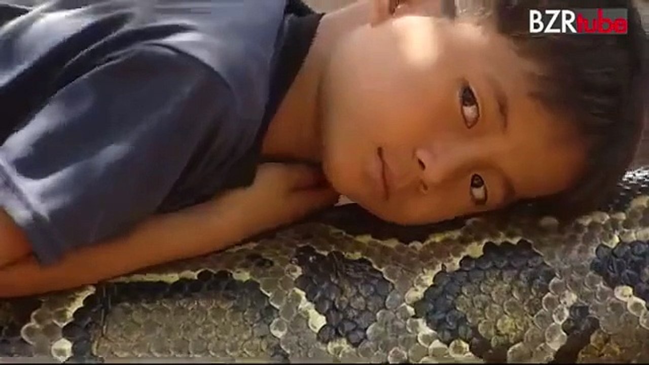 brave boy playing with snake