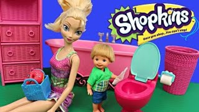 Frozen Disney Elsa and Shopkins with Frozen Kids Alex Shopping Cleans Barbie Bathroom for