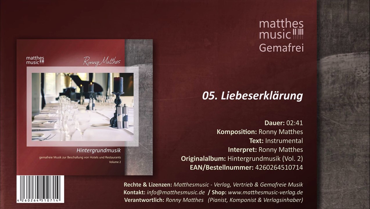 Liebeserklärung - Gemafreie Filmmusik (05/12) - CD: Hintergrundmusik zur Beschallung (Vol. 2)
