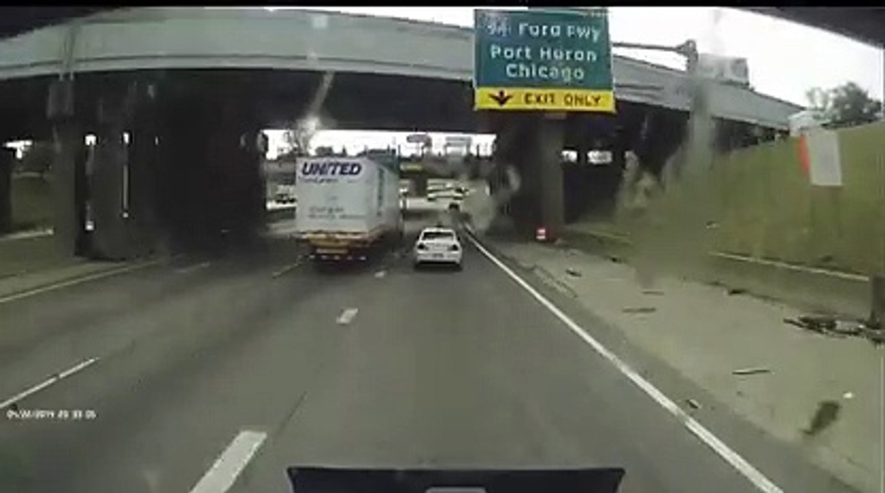 Terrible crash between a truck and a car on a freeway