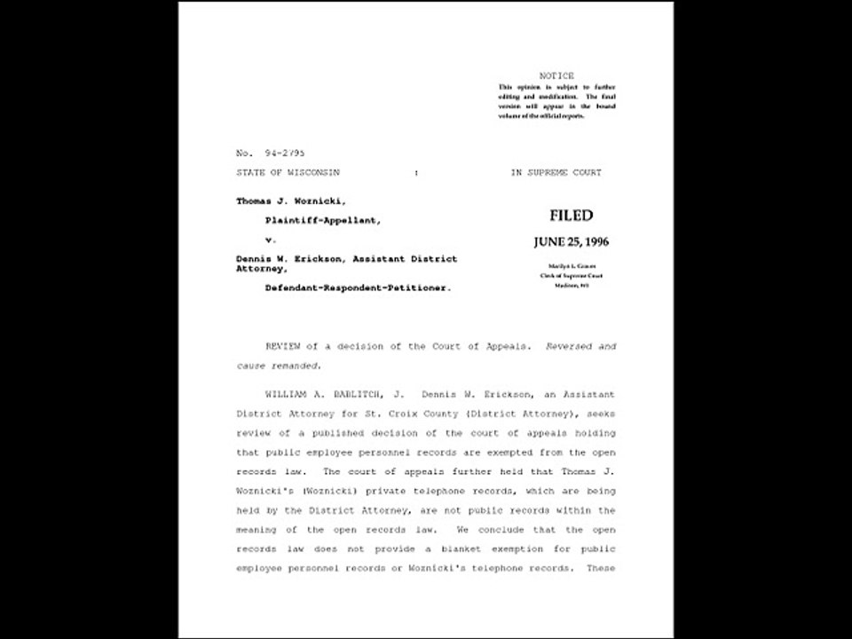 Thomas Woznicki vs. Dennis Erickson (Wisconsin Supreme Court Ruling)
