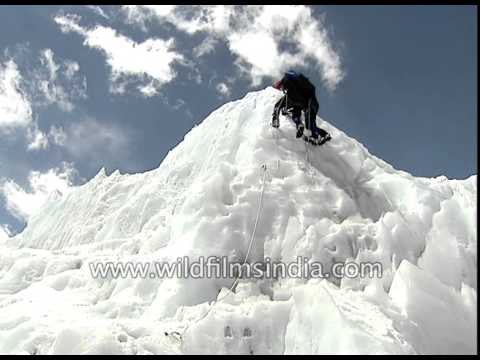 Mountaineers practice climbing on glacier - Everest expedition