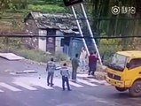 Men Moving Street Sign Touch Wires