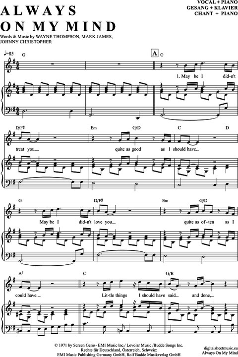 Noten bei notendownload - Always On My Mind (Elvis Presley)