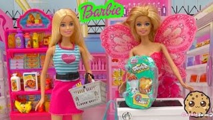 Barbie Doll Grocery Store Market Playset + Shopkins Season 3 Blind Bag Toy Unboxing Cookie