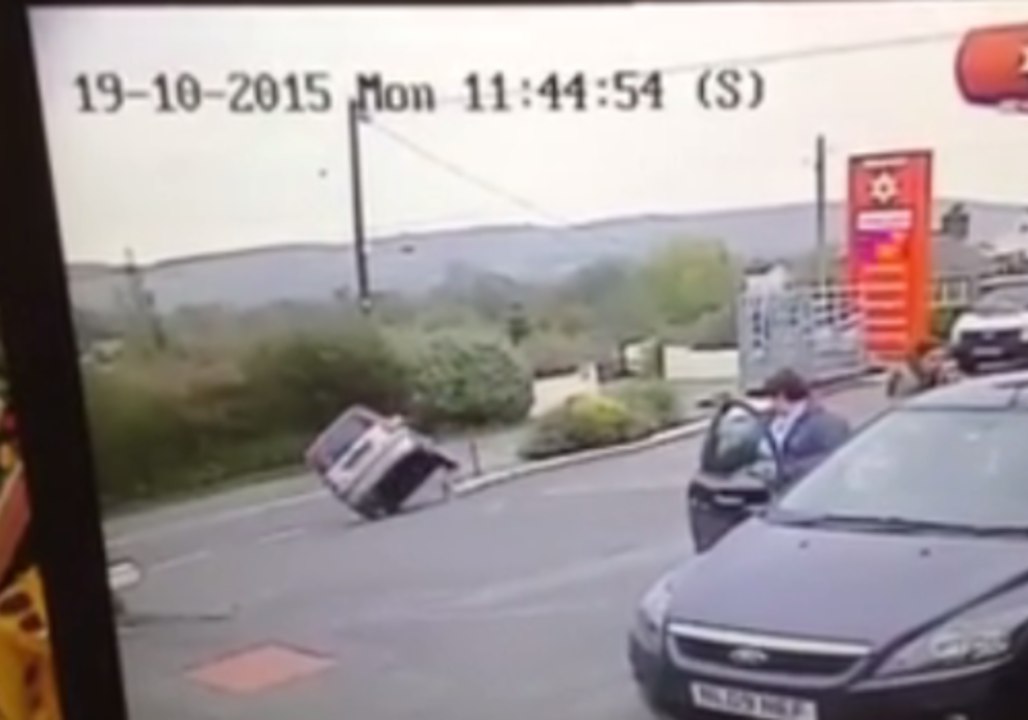 CCTV Captures Elderly Driver's Transformation Into Stunt Car Daredevil