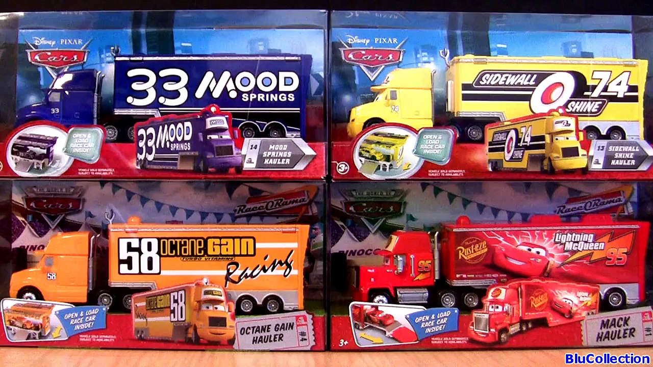 4 Pixar CARS Trucks Haulers Mack Hauler Rust-eze, Mood Springs, Octane Gain, Sidewall ToyC