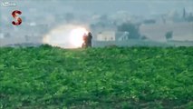 An HD view of a Syrian patriot getting a hit on an assad crime dynasty T 72, with a TOW AT