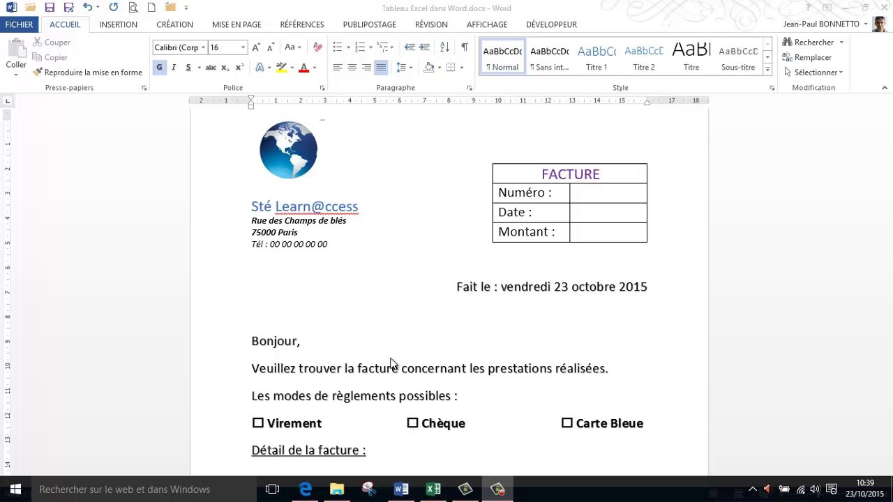 Word - Comment insérer un tableau Excel dans un document Word