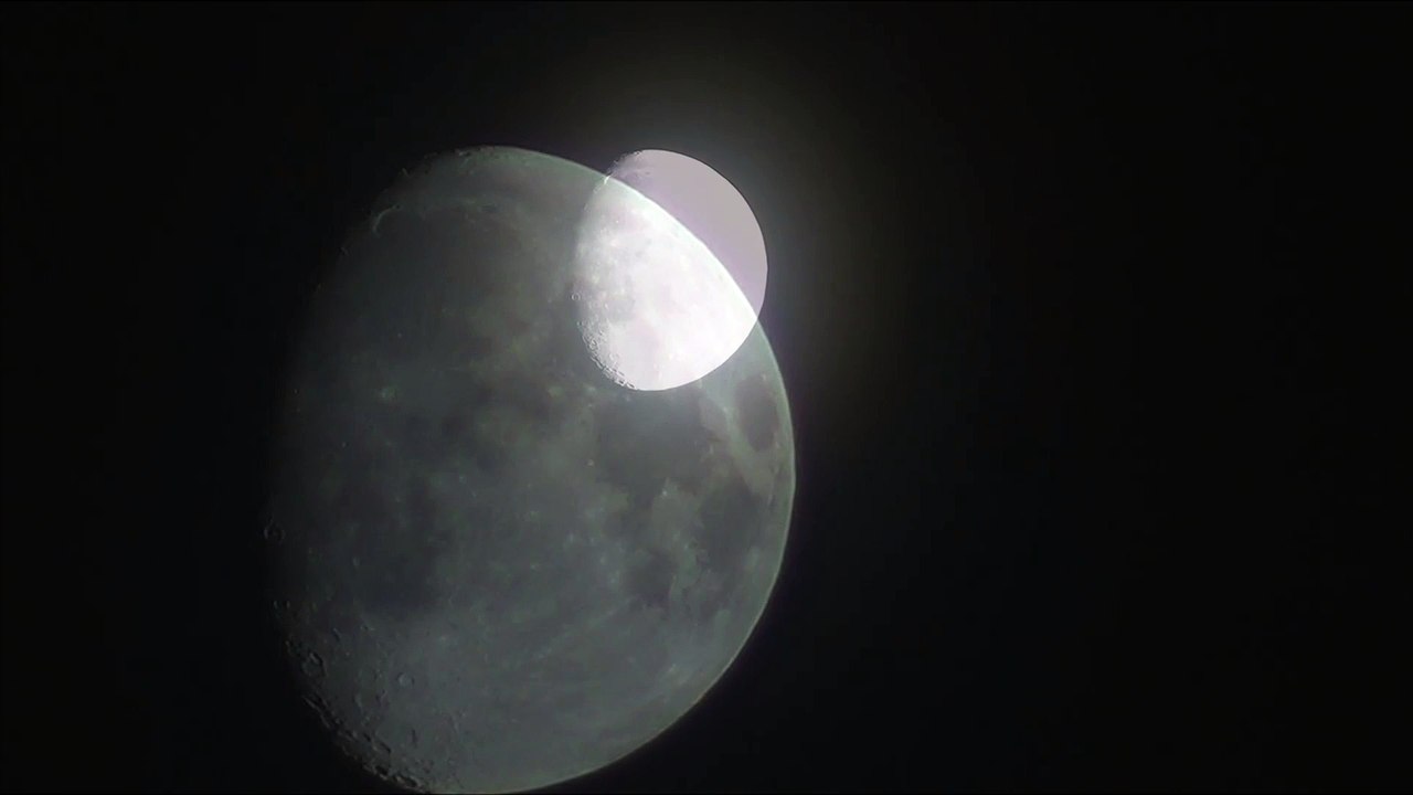 Amazing close-up of the moon and flying plane