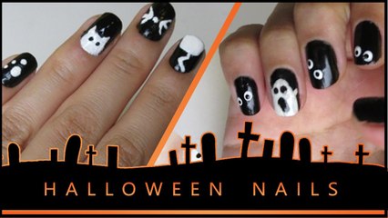 HALLOWEEN NAIL ART TUTORIAL - CUTE GHOST & CAT DESIGN