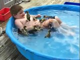 petit garçon joue avec des canards dans la piscine