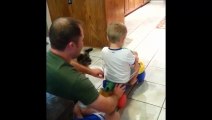 Dad Pushes Boy On Scooter, Puppy Pulls Him Back - Baby Boy And Puppy - Hahaha