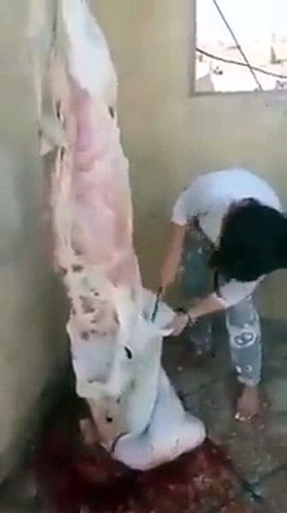 cutting meat by a girl..wow