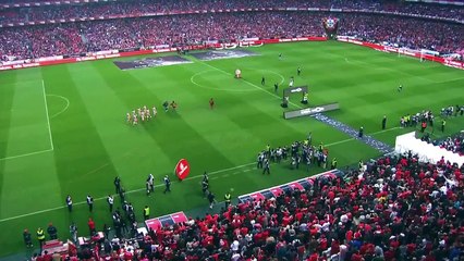 Emirates crew demonstrates "safety video" on a football field in front of 65,000 fans