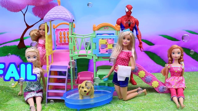 Barbie Puppy Bath Time with Disney Frozen Elsa Kids Doll Parody + Splish Splash Bath Disne