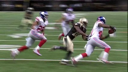 Saints Drew Brees intercepted by Giants Dominique Rodgers-Cromartie