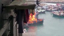 Japan Boat Fire : Boats catch fire Shau Kei Wan TYPHOON shelter in Hong Kong Boats on Fire